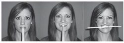 three different poses of a person with a chopstick in her mouth to simulate a smile